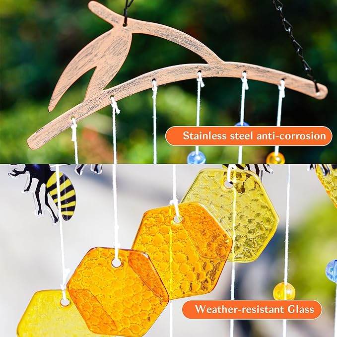 YU FENG 20" Bee Wind Chime for Outside Honeycomb Bees Decorative Hanging Suncatcher for Garden Patio Yard Ornament for Christmas Tree