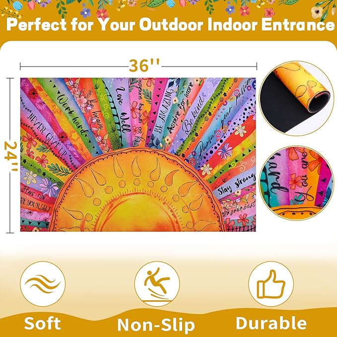 Likiyol Boho Sun Door Mat Outside Entrance, Colorful Floral Welcome Mat Front Door Mat Inspirational Quotes Non Slip Doormat Outdoor Indoor Entrance, Low Profile, Absorbent, 24" x 36"