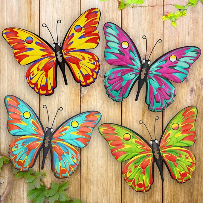 Daogtc Metal Butterfly Wall Decor - 9.6" Outdoor Fence Wall Art Decor, Hanging Decorations for Garden Yard Living Room Bedroom Patio Balcony,Gift for Family Friends(4 Pack)