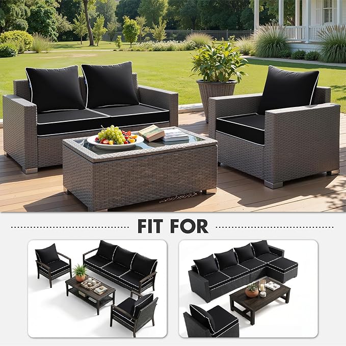 MIULEE Black Outdoor Seat Cushion 22x22 Inch Waterproof & 3 Year Fade Resistant Deep Seat and Back Cushion for Patio Furniture Chair Sofa Couch with Handle and Adjustable Straps
