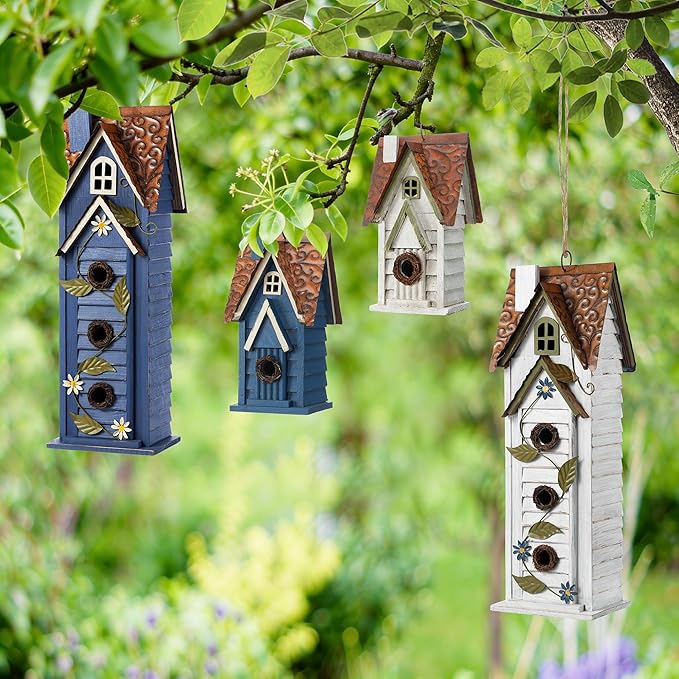 Glitzhome Bird Houses for Outside,Hand Painted Hanging Bird House for Outdoors, 24.25" H Oversized 3-Tiered Villa Decorative Wooden Bird Houses Large Birdhouse for Garden, Washed White