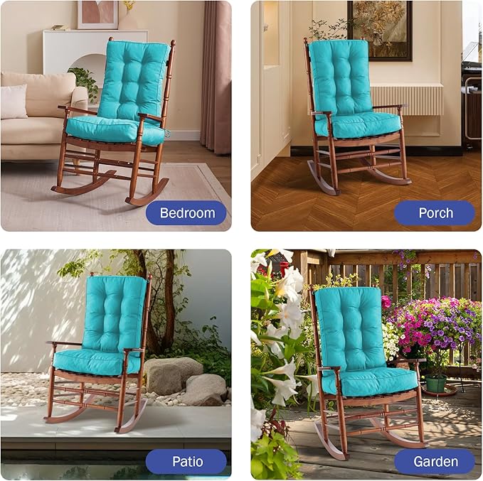Rocking Chair Cushion, Waterproof and Fade-Resistant Patio Chair Cushions, Tufted Chair Pads for Rocker Furniture, 17x17 Inch, Indoor/Outdoor Seat Cushions with Ties, Teal Blue (Pack of 2)