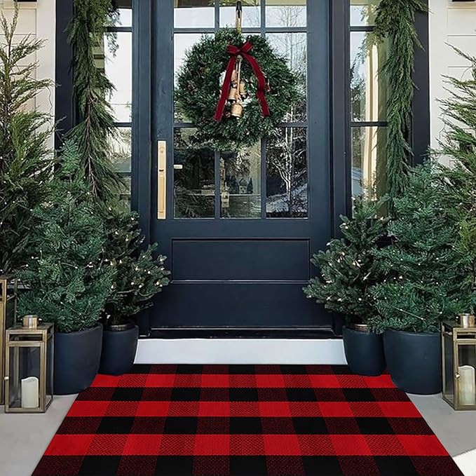 Christmas Door Mat Outdoor 27.5"x43" Buffalo Plaid Christmas Decor Rug Cotton Hand-Woven Layered Door Mats Washable Carpet for Front Porch, Kitchen, Farmhouse, Entryway