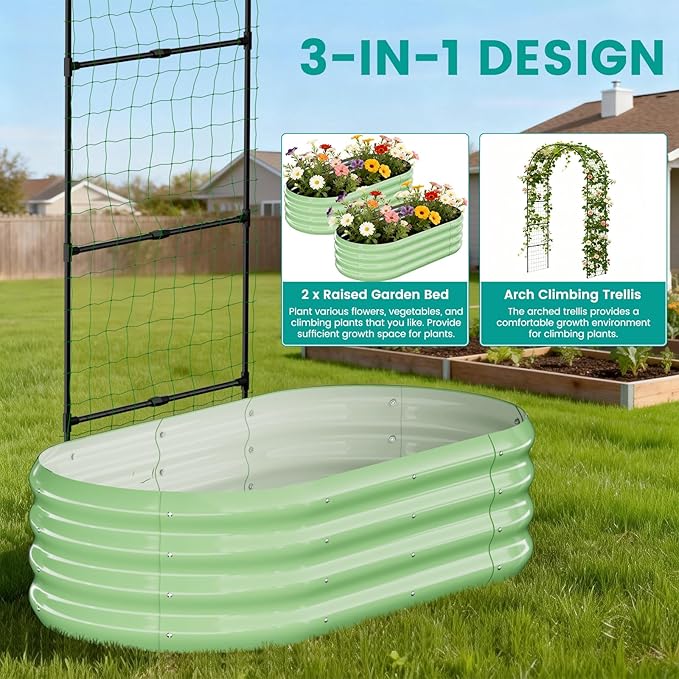 SUNYRISY Galvanized Raised Garden Bed with 87" H Arch Trellis for Climbing Plants Outdoor, Metal Planter Box with Netting for Gardening Flowers Vegetables Fruit Herb, Green