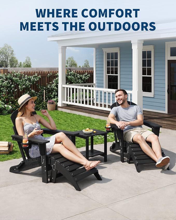Folding Adirondack Chair Set of 5, All-Weather HDPE Outdoor Chair, Wooden Textured with Cup Holder for patios, Decks, Gardens, fire pits, Black