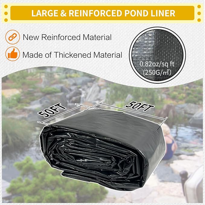 yeezoo 50X50FT Reinforced Large PE Pond Liner, KOI Pond Liners for Outdoor Ponds, Enhanced 5-Layer Structure Pond Liner for Fish, Duck, Garden Raised Bed and Waterscape Pond(0.82oz/sq ft Thickness)