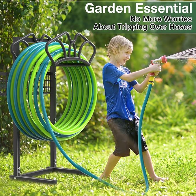 Upgraded Garden Hose Holder with Large Basket, Heavy Duty Water Hose Holder Supports 160-ft Hoses, Freestanding Detachable Hose Stand Storage Reel Hanger Rack for Yard Lawn Farm