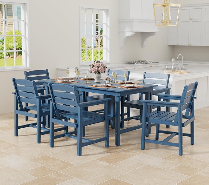 Anbuy Patio HDPE Dining Table Set, 7-Piece Outdoor Dining Table Sets, 2 in 1 Convertible Table and 6 Outdoor Chairs Outdoor All-Weather Furniture Set Blue