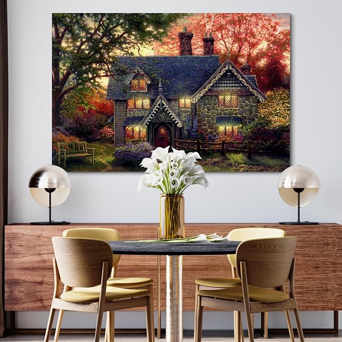 STUDIO HAVEN Thomas Kinkade Canvas Wall Art, Autumn Evening Flower Garden Cozy Glow and Wooden Bench Oil Painting Poster Rustic Landscape Wall Decor, Framed Prints for Home Decor, 16x12Inch