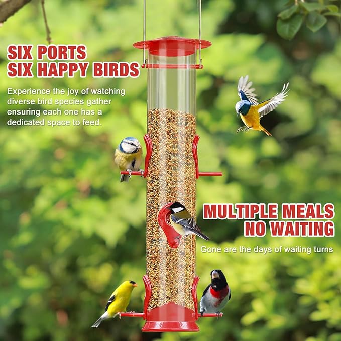 ERYTLLY 2 Pack Bird Feeders for Outdoors Hanging with 6 Feeding Ports Extra Thick Solid Tube Transparent Weatherproof Water Resistant Great for Attracting Birds Garden