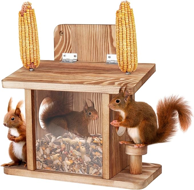 Squirrel Feeder for Outside, Thickened Solid Wooden Squirrel Feeders Platform, Chipmunk Feeder Hold Peanuts Corn Corn Cob, Durable Hanging Feeder Box Funny Squirrel Houses Picnic Table for Outdoors