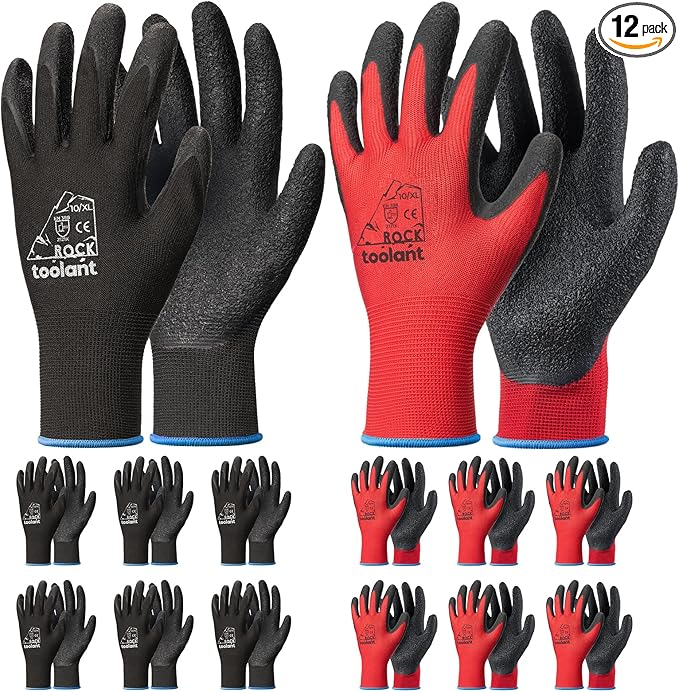 toolant Crinkle Latex Work Gloves Bulk, Rubber Coated Safety Work Gloves for Men and Women, 12 Pairs for Construction, Gardening, Warehouse (Black & Red, X-Large)