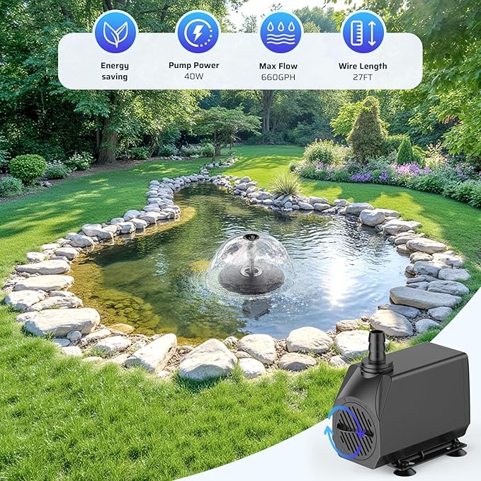 Antfraer Floating Pond Fountain with LED Lights - 40W 660GPH Pump with 3 Spray Modes, Floating Fountain 27FT Power Cord & 65.6FT Mooring Line for Garden Ponds, Waterfalls & DIY Water Features