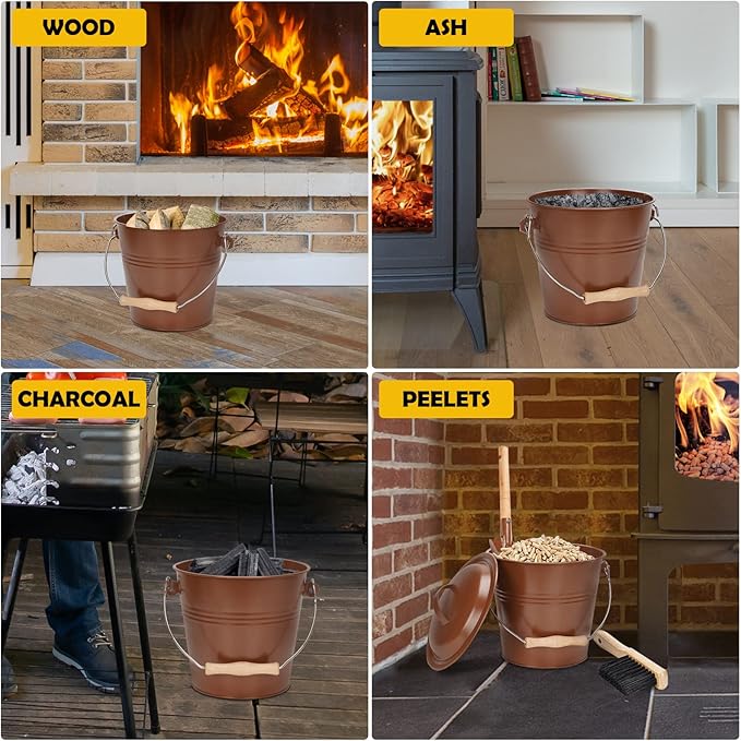 Mini Ash Bucket with Lid, 1.5-Gallon Pail with Shovel and Hand Broom, Metal Bucket Coal and Ash Carrier (Copper)