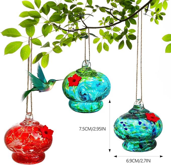 3pcs Blown Glass Hummingbird Feeder Hanging Glass Bird Feeders with Flower Feeding Ports for Window Backyard Garden Outdoor Decor Gifts for Women