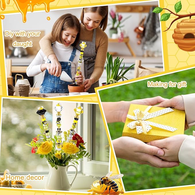 118 Pcs Bee Garden Stakes Fairy Wand DIY Beaded Stakes Garden Decor Includes 4 Crystal Stopper Top 10 Bee Pendant 68 Large Hole Beads 4 Threaded Rods 4 Pcs Nuts, for Craft Supply