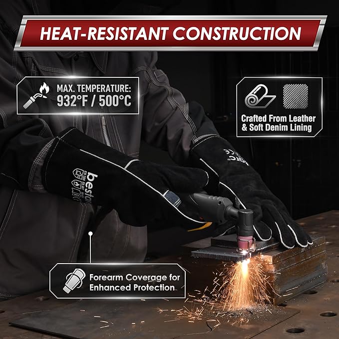bestarc Leather Forge MIG Welding Gloves, 932℉ Heat Resistant Welding Gloves with Kevlar Stitching for MIG, TIG, Stick, Forge