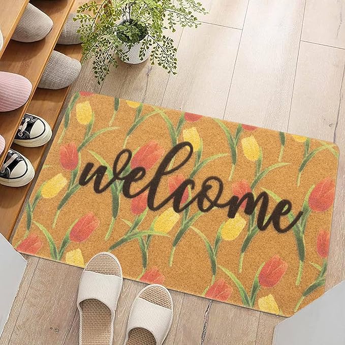 Tulip-Welcome-Doormat for Indoor Outdoor Entrance Floral-Spring-Door-Mat Non Slip Coir Seasonal Doormat for Spring Easter Home Decor 17 x 29 Inches