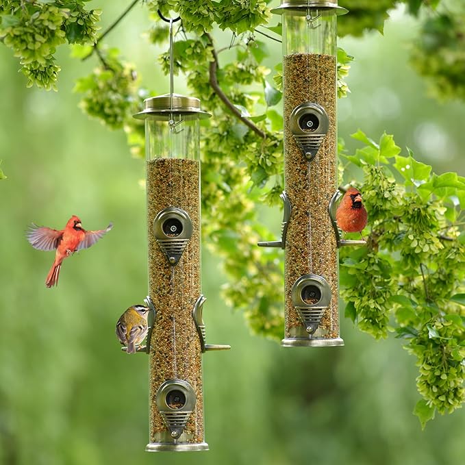 MIXXIDEA 2PK Metal Bird Feeders with 6 Feeding Ports,Tube Bird Feeder with Steel Hanger,Hard Plastic Wild Bird Feeder for Outdoors Hanging, Attracting Birds in Your Lawn, Garden, Balcony (Bronze)