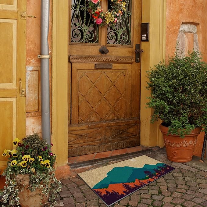 Nogrit Abstract Boho Green Mountain Woodland Forest Nature Landscape Waterproof Door Mat Outdoor Entrance 17x30 Inch Non-Slip Doormat for Bohemian Home Front Door Porch Outdoor Indoor Decorations