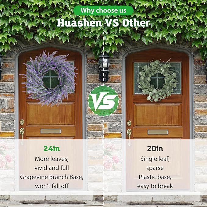Lavender Summer Wreath for Front Door, 24 Inch Large Spring Summer Wreath Purple with Green Leaves for Grapevine Farmhouse Summer Wreaths Front Door Wall Window Party Decoration Home Décor