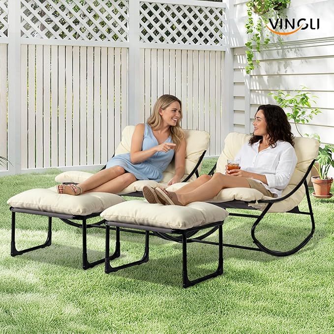 VINGLI Outdoor Rocking Chair with Ottoman, Comfortable Cushioned Lounge Chair for Indoor & Outdoor, Supports 400 LBS, White