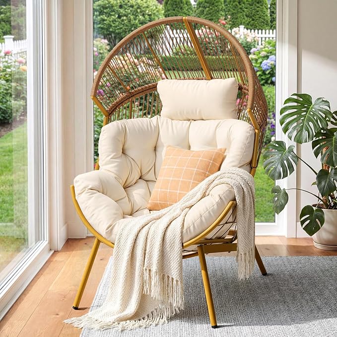ONBRILL Egg Chair for Outdoor & Indoor, Patio Wicker Chair with Thick Cushion, Oversized Rattan Chairs for Balcony, Porch & Backyard, 550 LBS Heavy Duty & Comfy Basket Chairs for Living Room, Bedroom
