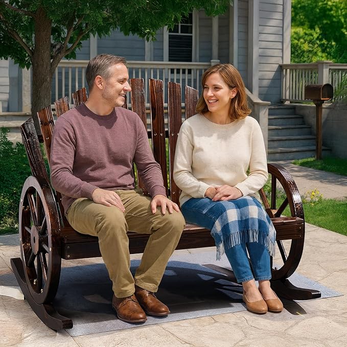 Outvita 2-Person Wood Rocking Chair, Fir Log Adirondack Rocker, Outdoor Wood Accent Furniture Lounge Chairs with Wheel Armrest for Garden Patio Backyard Porch (Carbonized Finish)