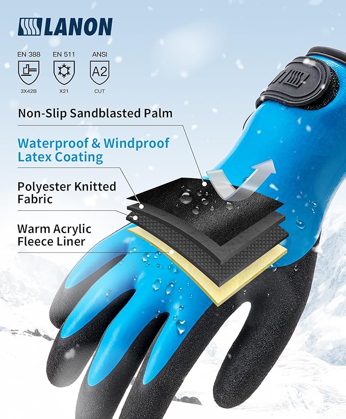 LANON Waterproof Winter Work Gloves, Double Latex Coated, Thermal Insulated Freezer Gloves for Cold Weather, Heavy Duty, Non-Slip Grip, Wrist Closure, Blue,XL