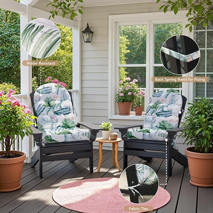 Adirondack Chair Cushion Set of 4, Rocking Chair Cushions, High Back Patio Cushions, Thickened Weather Resistant Patio Cushion with 6 Ties, Non Slip Fade & Waterproof