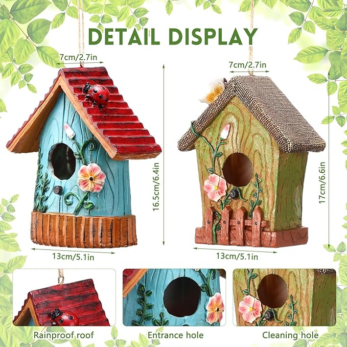 2 Pack Bird Houses for Outside Decorative Birdhouse for Outdoor Hanging Cute Resin Birdhouses with Hemp Rope Nesting Flower Hanging Birdhouse Gift Bird Lover Garden Decorations Water Proof