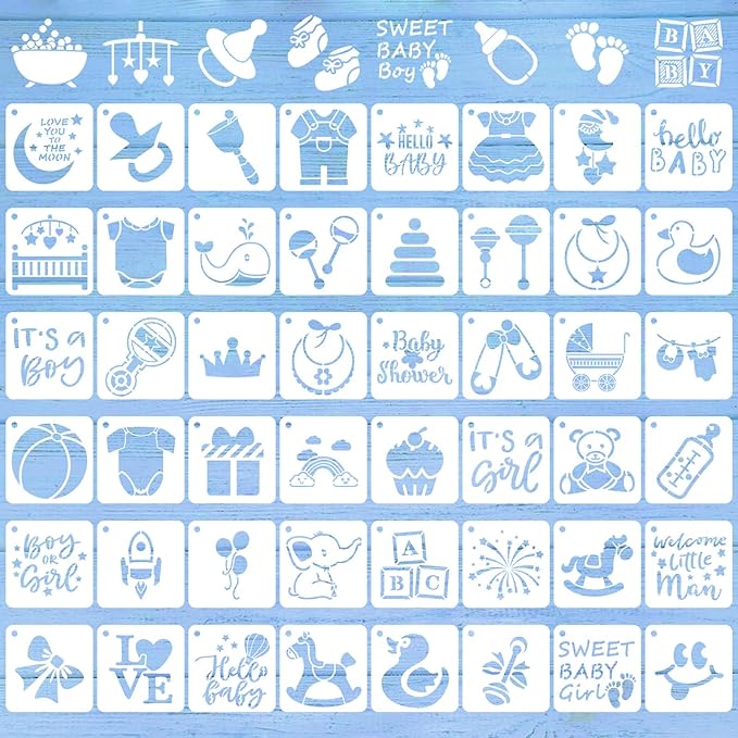 Augshy 56 Pieces Baby Shower Stencils for Painting, 3 Inch Cute Onesie Stencil Mixed Animals Pattern Painting Stencils, Reusable Baby Shower Cake for Bodysuit Shoes Bibs Clothes