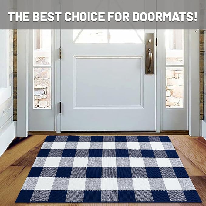 IOHOUZE Buffalo Plaid Checkered Rug 27.5" X 43" Front Door Mats, Washable Area Rugs for Front Porch Decor, Spring Summer Welcome Mats Outdoor, Navy White Rug for Farmhouse/Entryway/Home Entrance