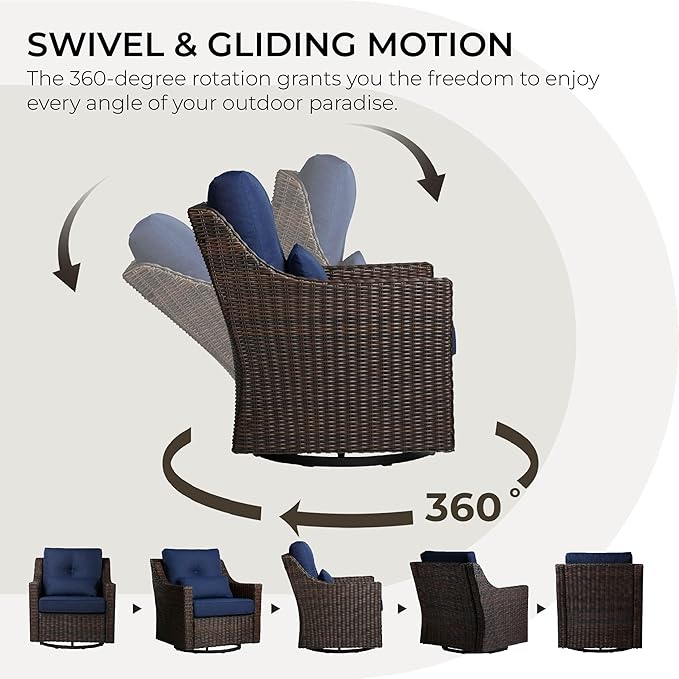 CHITA 5 Pieces Swivel Wicker Patio Furniture Set, Outdoor Conversation Set with 2 Pieces Rattan Rocking Swivel Chairs, 2 Pieces Ottomans, Thickened Cushions and Side Table
