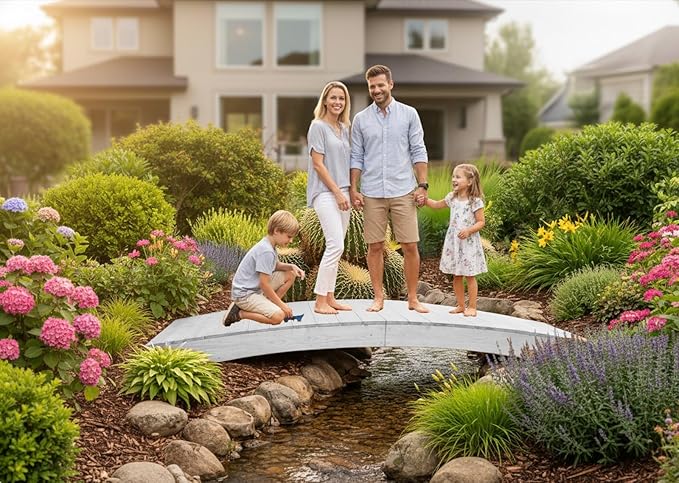 10 FT WHITE Amish Made Pinewood Heavy Duty Garden Bridge for Walkway, Backyard Pond & Landscaping, Outdoor Wooden Footbridge for Koi Pond, Japanese Style Decorative Bridge, Made in USA
