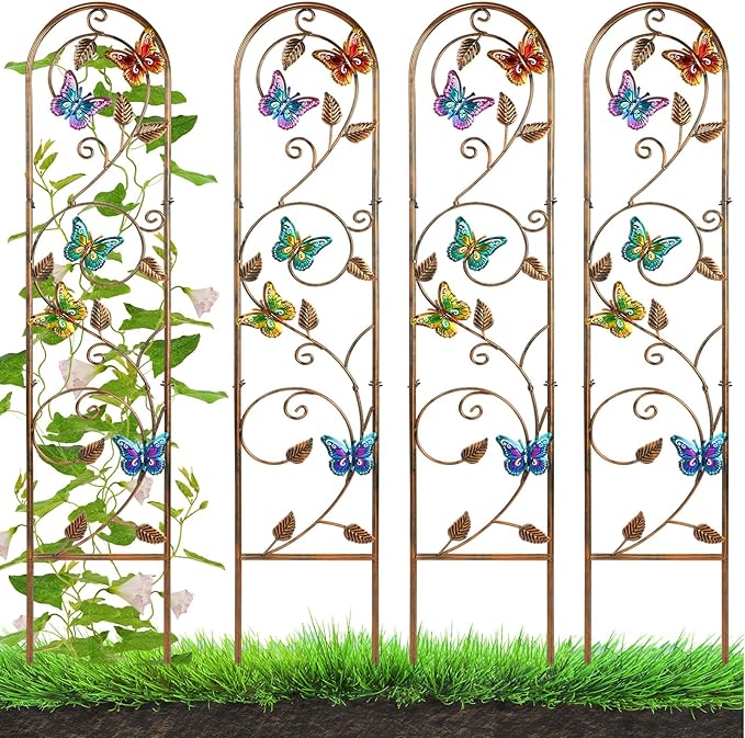Blulu 4 Pack Metal Garden Trellis for Climbing Plants, 60x11 Detachable Rustproof Arched Fence Flower Vegetable Plant Stand for Outdoor Patio Yard Lawn Decorative(Butterfly)