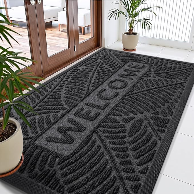 Smiry Welcome Mat Indoor Outdoor, All-Season Waterproof Front Door Mat, Sturdy Natural Rubber Doormat, Non-Slip, Easy Clean, Low Profile Dirt Trapper for Porch Patio Entrance, 71x47, Grey
