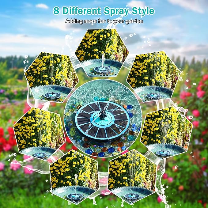 Solar Fountain Cyan Flower, Upgrade 3.5W Solar Bird Bath Fountains, Solar Powered Water Fountain with 7 Nozzles, 4 Fixed Pipes for Hummingbirds, Bird Bath, Garden, Pool, and Pond