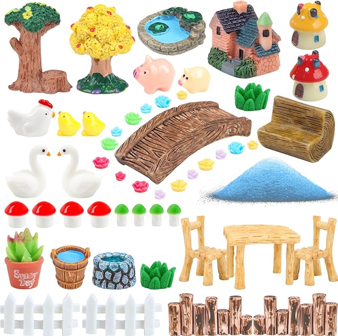 50 Pcs Fairy Garden Miniatures Accessories Bridge House Landscape Water Well Animal Fence Tree Sand Chair Table Pond Mushroom Lawn Ornament for DIY Craft Mini Garden Scenery Succulent Decor