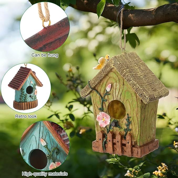 2 Pcs Decorative Birdhouse for Outdoor Hanging Bird Houses for Outside Colorful Decorative Cute Resin Birdhouses for Outside Indoors Garden Backyard Decor, Gift for Bird Lovers (Simple)