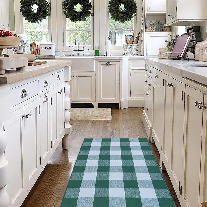 CAINANEL Green and White Buffalo Plaid Outdoor Rug Spring Door Mat Layering Rug Welcome Doormats for Spring Easter Farmhouse Entrance Porch Outdoors Decor
