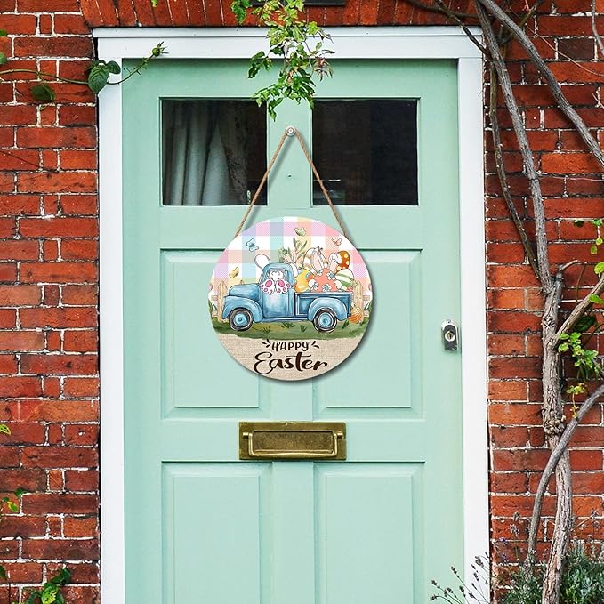 Happy Easter Blue Truck Door Sign For Front Door Decor,Bunny Rabbit Eggs Butterflies Wooden Sign 12"x 12" Round Colorful Plaid Check Hanging Door Sign Decoration for Wall Rustic Decor