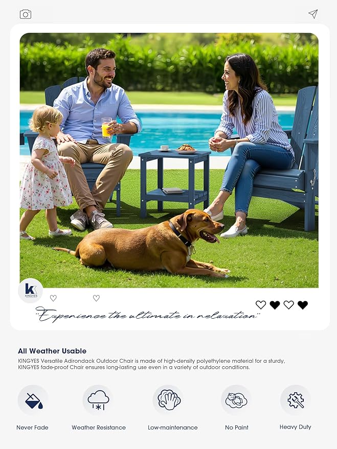 KINGYES Folding Adirondack Chair, HDPE All-Weather Patio Chairs with Cup Holder, Wooden Textured Fire Pit Chairs for Poolside, Backyard, Deck, Navy