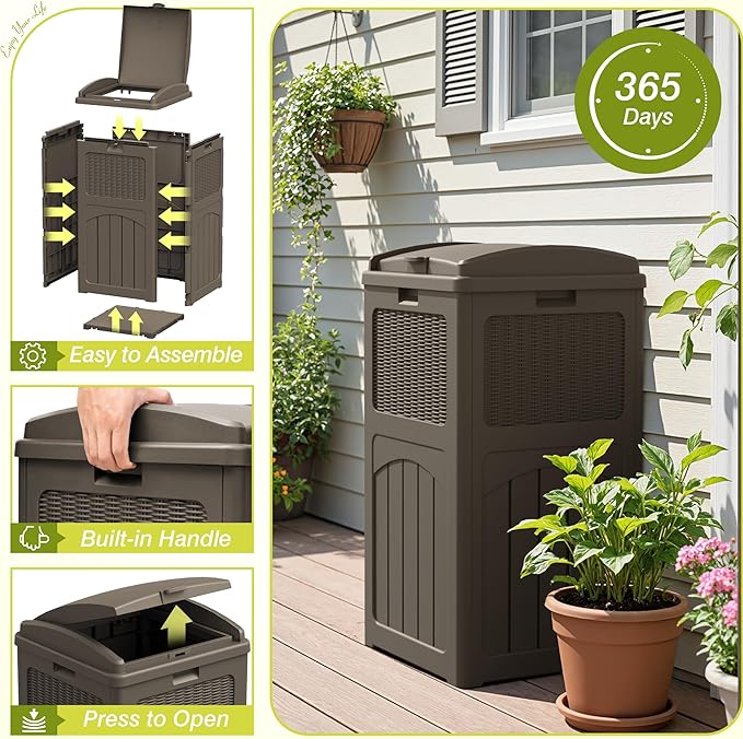 Greesum 33 Gallon Outdoor Trash Can with Lid, Waterproof Resin Garbage Bin for Hideaway, Deck, Patio, Dark Brown