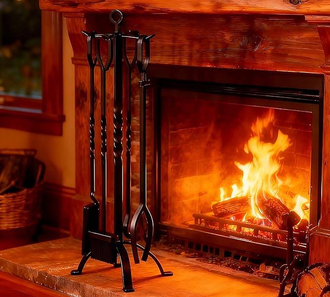 Fire Beauty 5 Pieces Fireplace Tools Sets Fireplace Accessories Tools Holder with Handles Tools for Indoor Fireplace Decor Outdoor Fire Pit Modern Tool(Sanded Black)