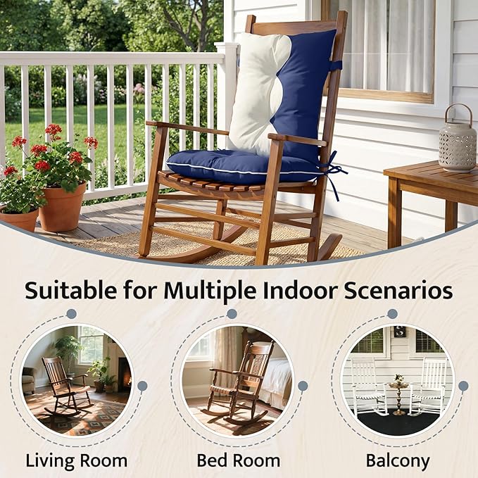 mudilun Outdoor Adirondack Chair Cushion High Weather Resistant Tufted Waterproof Rocking Chair Cushions Anti-Slip Thickened High Back Patio Seat Pads (Outdoor-Blue-White)