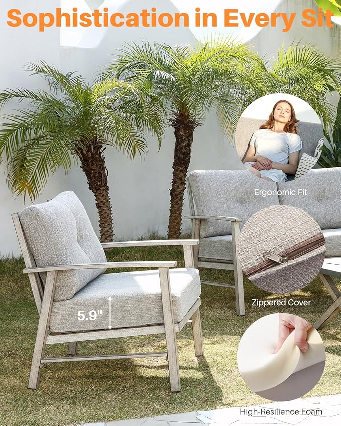 Outdoor Patio Chairs Set of 2, Outdoor Aluminum Armchair Conversation Set with Thick Cushions, 2 Pieces All Weather Patio Furniture Sofa Chairs Set for Garden, Poolside, Lawn, White Oak