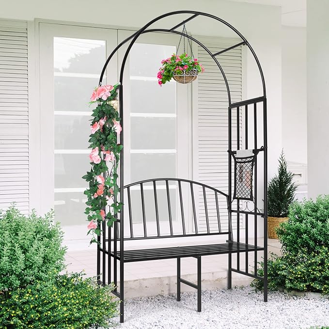 Garden Arch Heavy Duty Arbor with Bench Holds 660lbs | Metal Arbor Archway for Climbing Plant & Two People Seat Bench |Outdoor Lawn Backyard Decor, Black