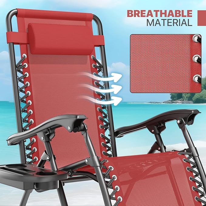 Magshion Zero Gravity Lounge Chair, Adjustable Folding Recliner with Cup Holder Side Tray & Removable Headrest Pillow, Portable Outdoor Patio Lounger for Camping, Beach, Lawn, Backyard, Maroon