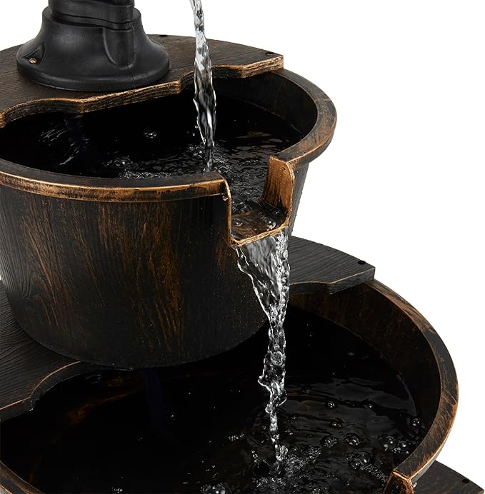 Alpine Corporation 40" Tall Outdoor Floor Tiered Rustic Pump and Barrel Water Fountain, Old-Fashioned Waterfall for Garden, Patio, Yard Decor, Dark Brown